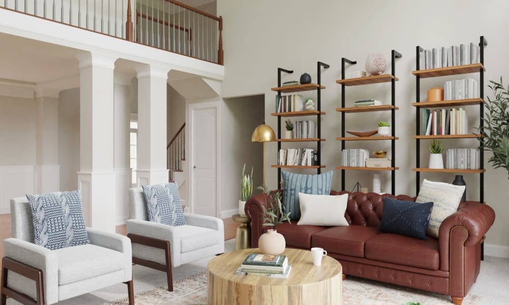 Statement Bookshelves: Rustic Transitional Living Room