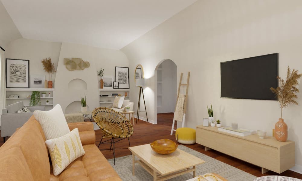 A spanish-style living room with a bohemian vibe