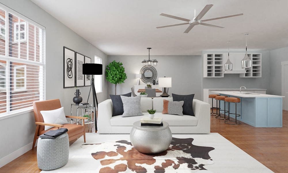 Monochromatic Modern Living Room with Rustic Touches and Bold Art