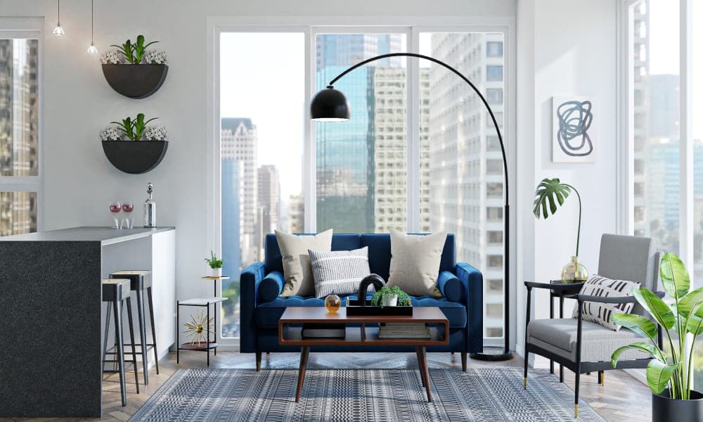 Cobalt Brightens Up This Mid-Century Industrial Living Room