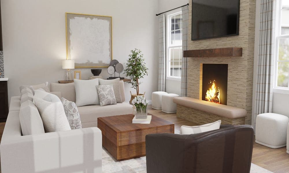 Transitional Living Room With A Brick Fireplace