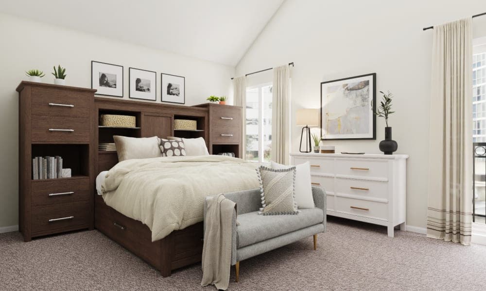 Bookcase Headboard: A Serene Transitional Bedroom 