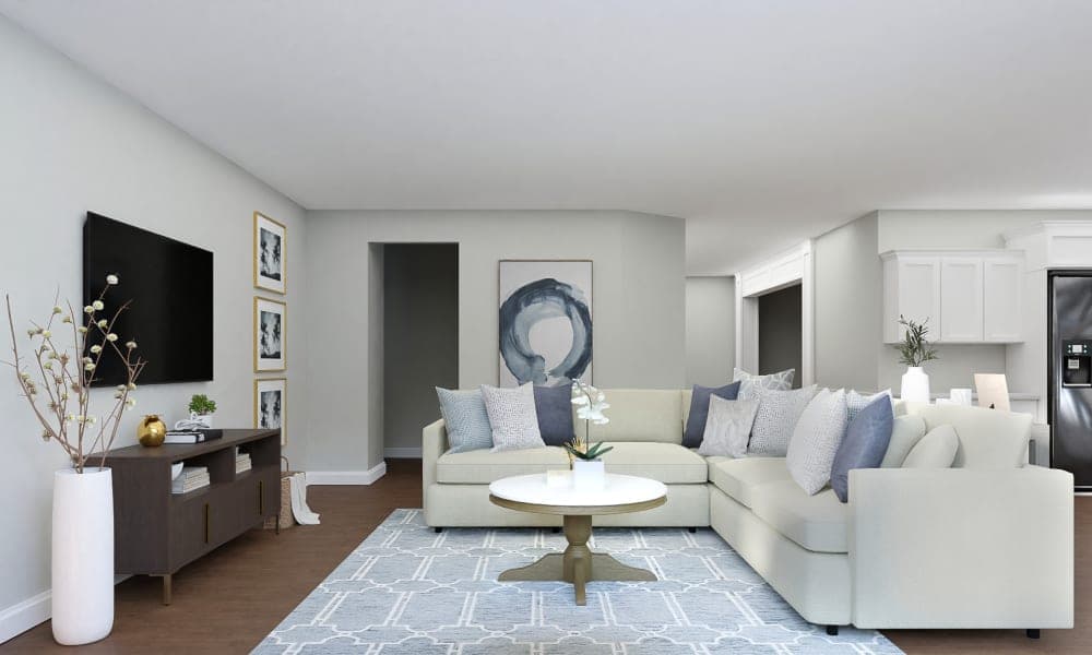 A Bright Blue Transitional Living Room