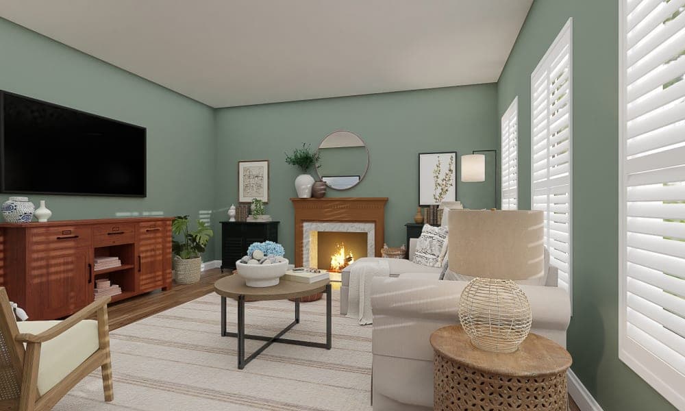 A Transitional Living Room With A Warm Fireplace