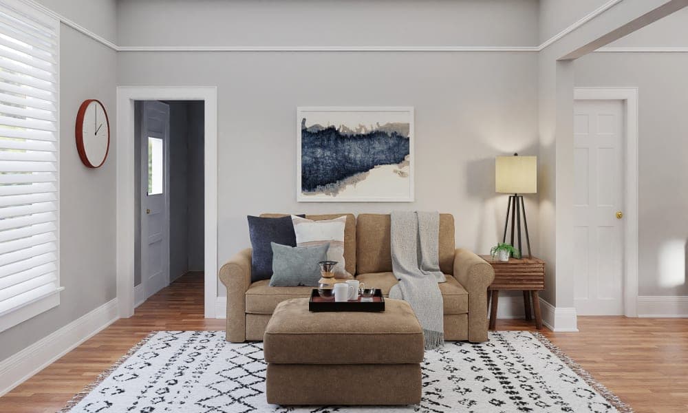 A Mid-Century Modern Living-Dining Room With Pops Of Bold Blues