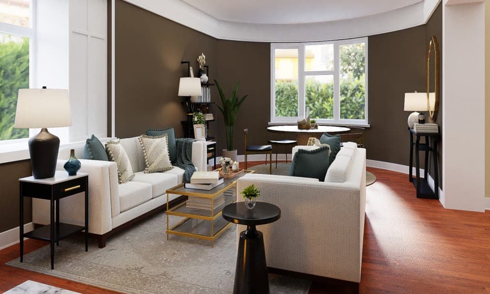 A Bold Transitional Living/Dining Room With Glam Accents