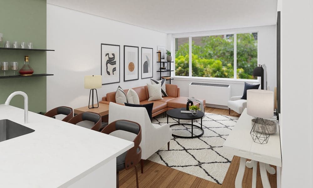 A Mid-Century Modern Living Room In Caramel Browns & Daisy Whites