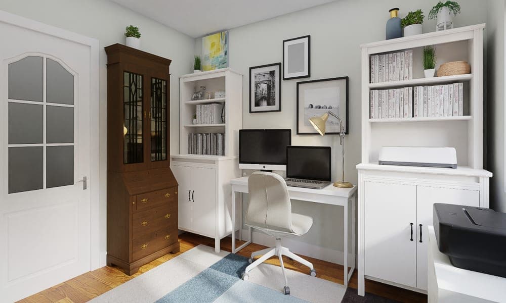 A Transitional Home Office In Mint Blues & Fern Greens