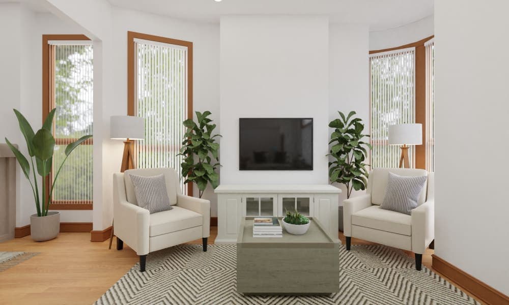 Airy, White & Earthy: A Transitional Living & Dining Room