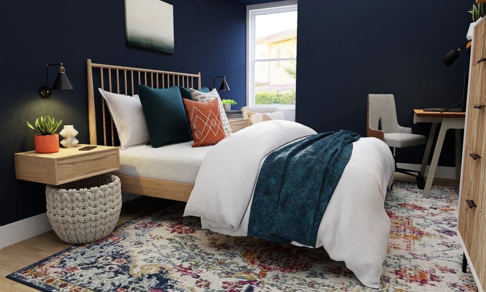 Midnight Walls & Floating Nightstands: A Modern Rustic Bedroom