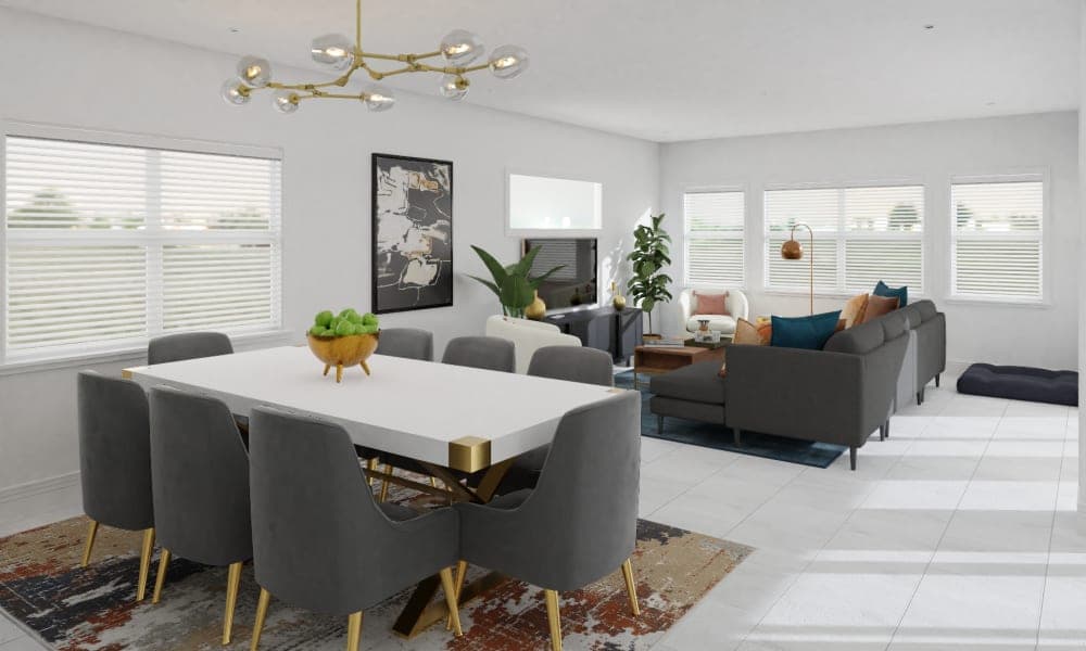 A Modern Glam Living-Dining Room In Soothing Grays & Golds