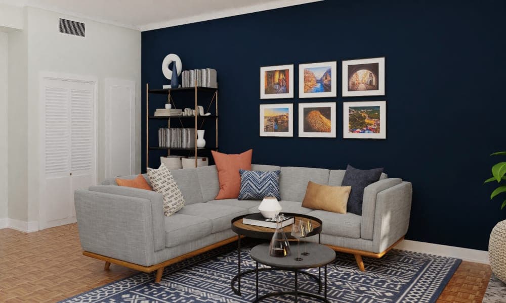 A Navy Blue Industrial Living & Dining Room