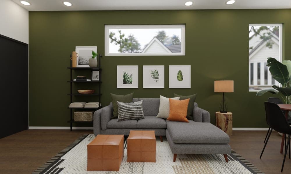 An Industrial Living-Dining Room In Forest Green Hue