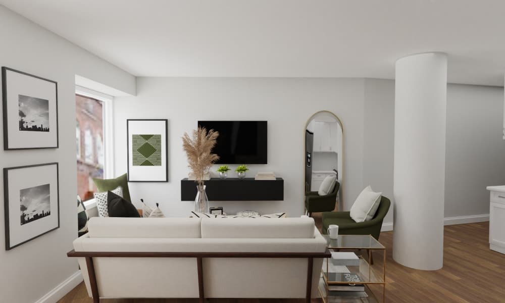 A Mid-Century Modern Living Room With A Home Office