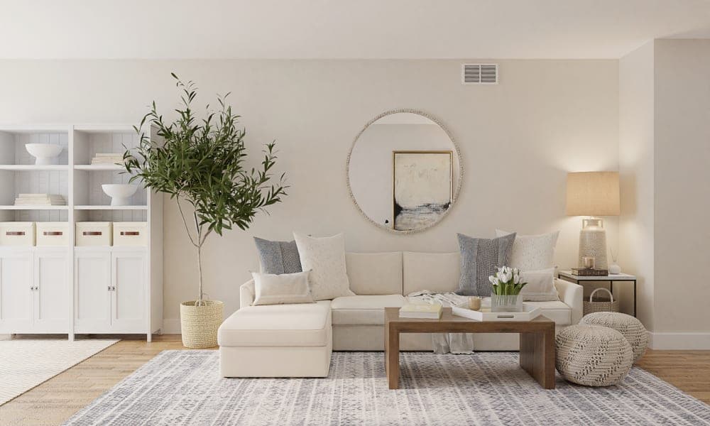 A Modern Coastal Living-Dining Room In Soft Gray Tones