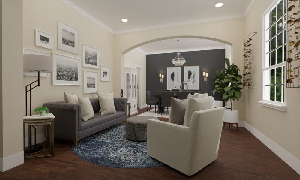 A Transitional Living-Dining Room In Shades Of Blue & Gray
