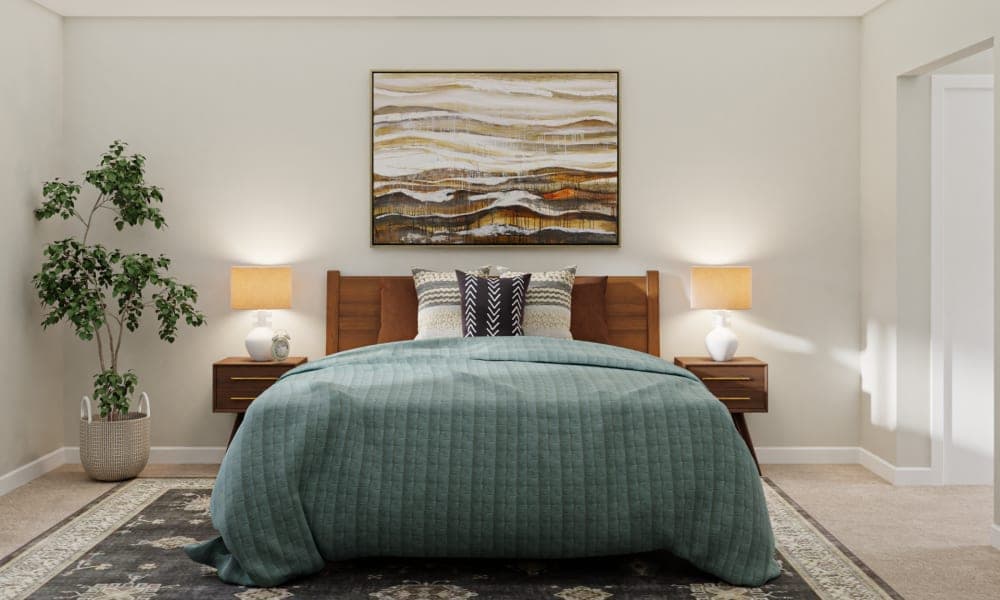 Teals & Mustard Hues: A Mid-Century Modern Bedroom