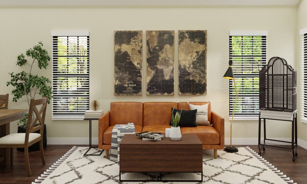 Leather & Industrial Accents Dominate This Rustic Living-Dining Room