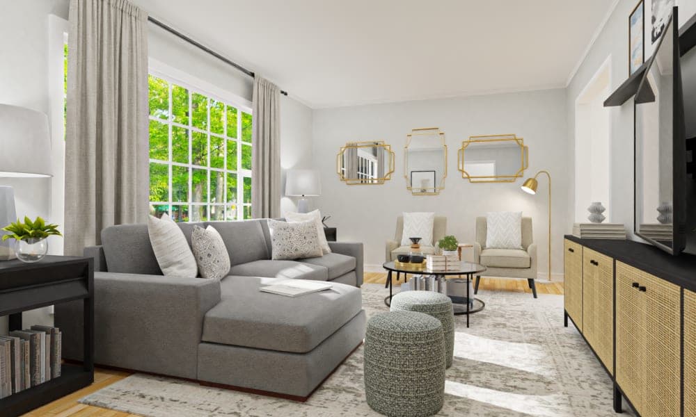 Ornate Mirrors In A Transitional Glam Living Room