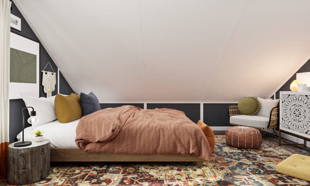 A Stylish Boho Bedroom With A Sloped Roof