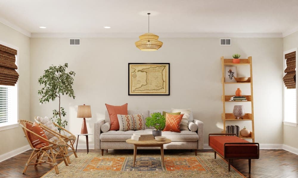 Colorful Mid Century Modern Living Room With Rattan Furniture