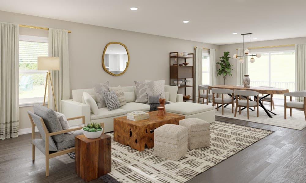 Neutral Toned Mid Century Modern Living-Dining Room With Pops Of Brown
