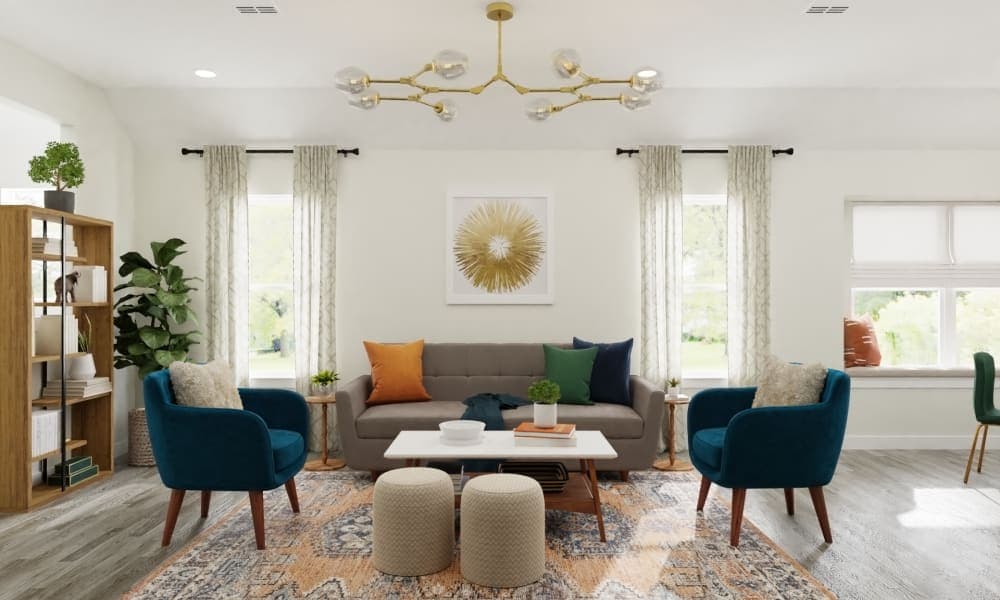 Mid Century Glam Living-Dining Room With Metallic Accents