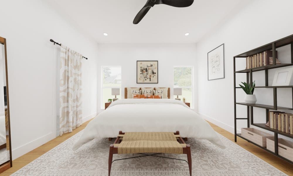 Mid Century Rustic Bedroom With Metal Bookcase
