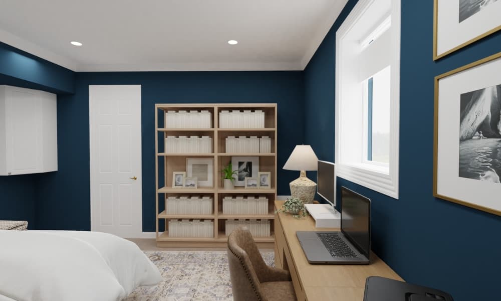 Coastal Guest Bedroom With Work Area