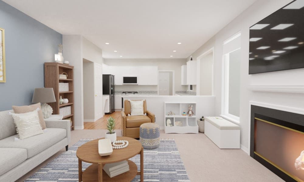 Transitional Living Room With Kids Play Nook