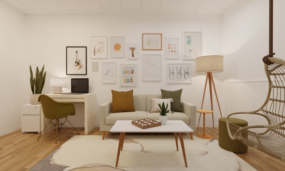 Earth Tone Boho Office with Hanging Chair