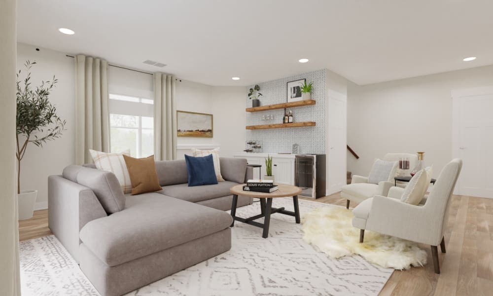 Transitional Living Area with Black Media Cabinet