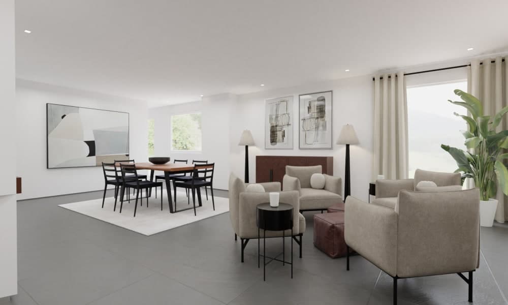 Contemporary Rustic Open Living Area with Black Accents