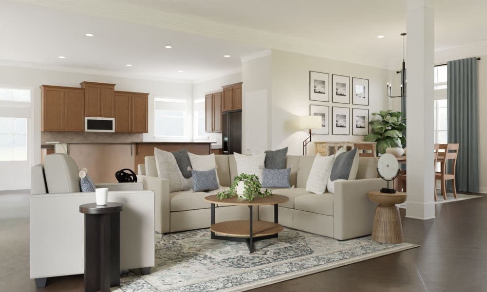 Coastal Transitional Open Living Dining Room with Pops of Blue