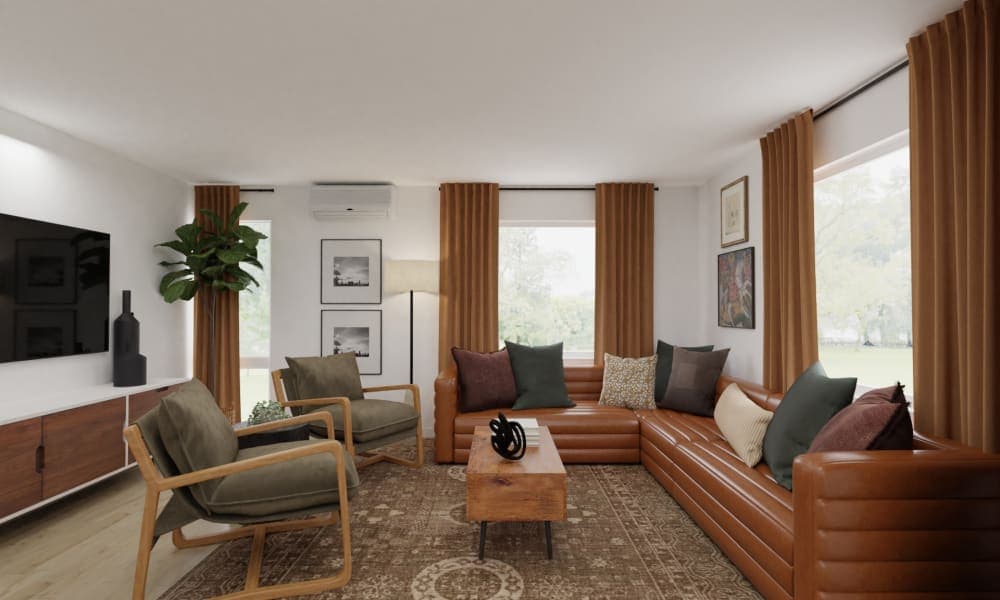 Mid-Century Modern Open Living Dining Room with Leather Sectional