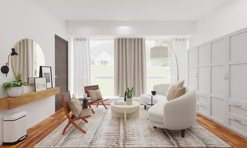 Scandinavian Open living Dining Room with Curved Sofa