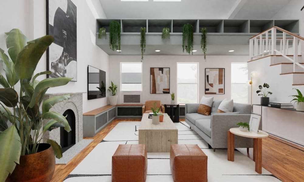 Contemporary Living Room with Hanging Plants