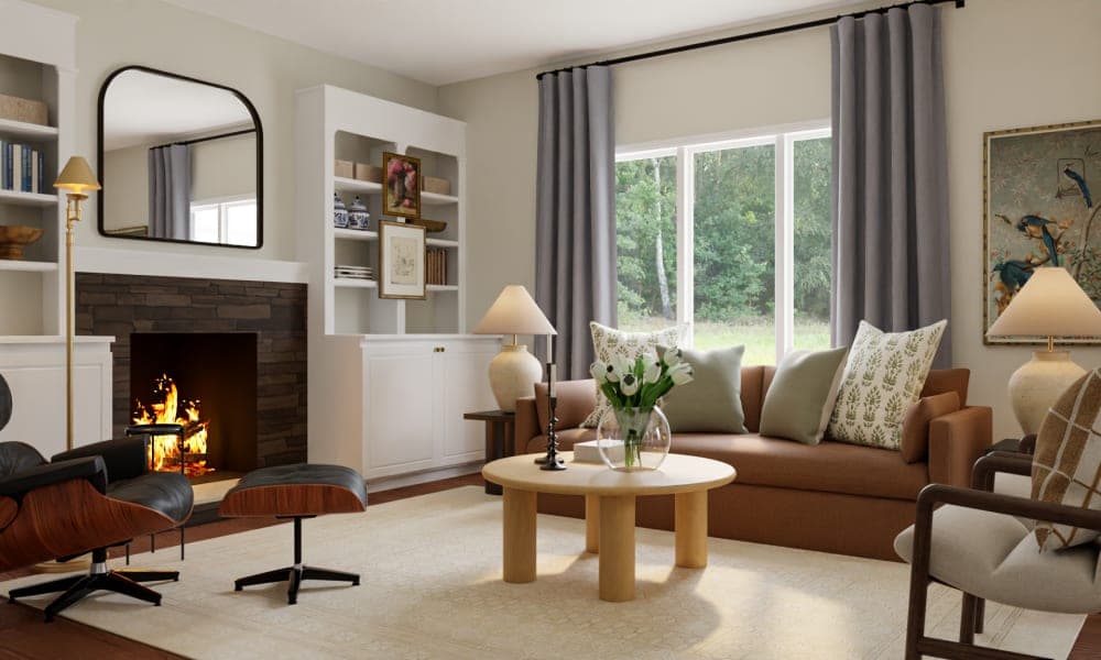 Transitional Mid-Century Modern Living Room with Built-In Shelving