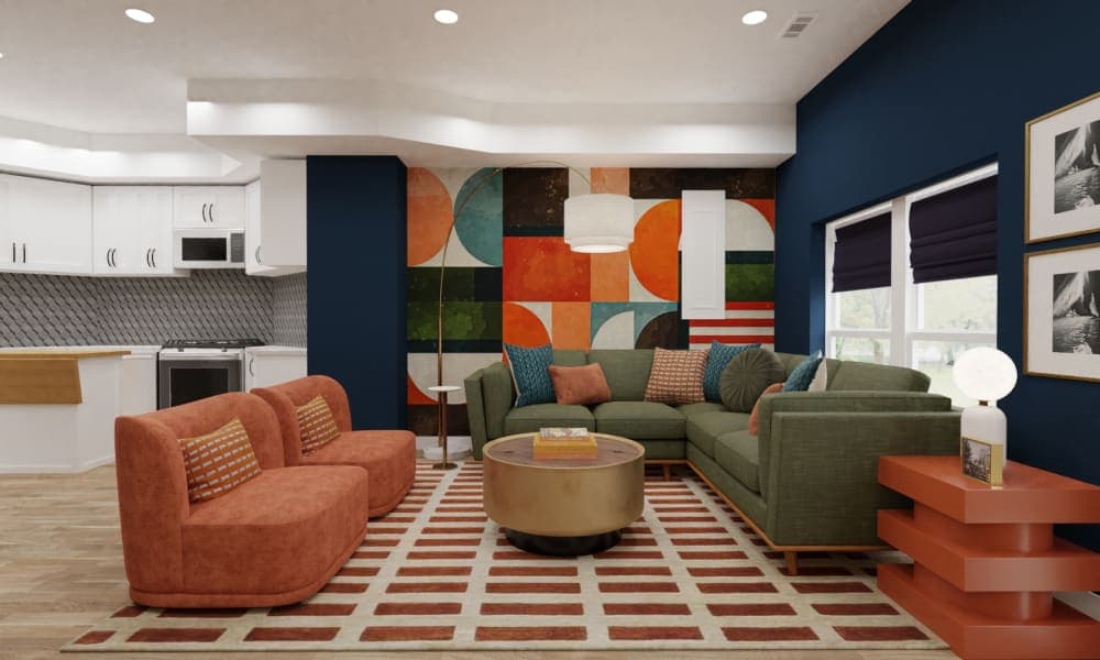 Mid Century Eclectic Living Room with Wallpaper