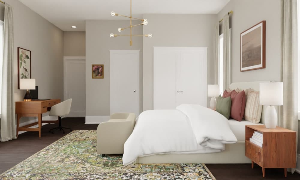 Mid Century Modern Bedroom with Pops of Sage and Mauve