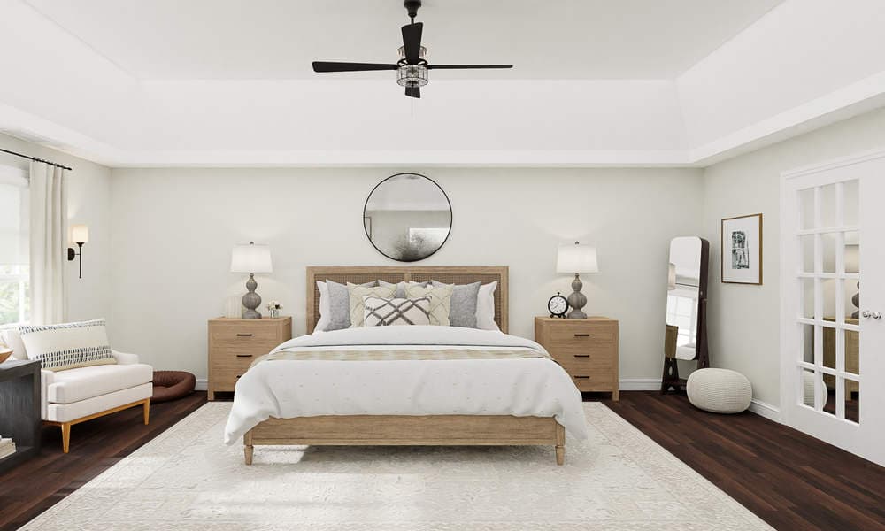 Classic Master Bedroom with Neutral Colors and Warm Wood