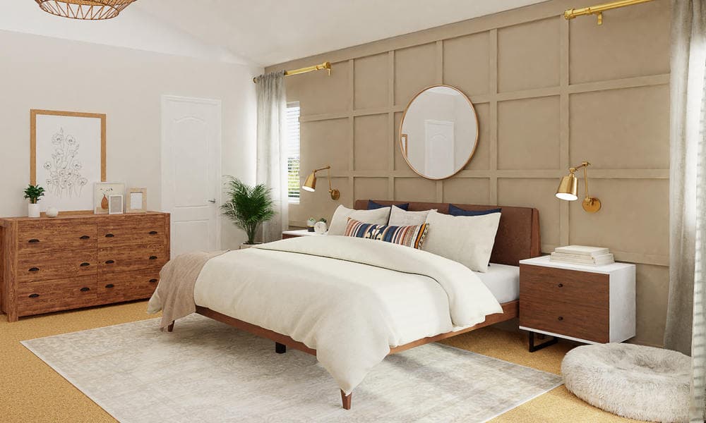 Cozy Bedroom: Mid-Century Modern with Warm Accents