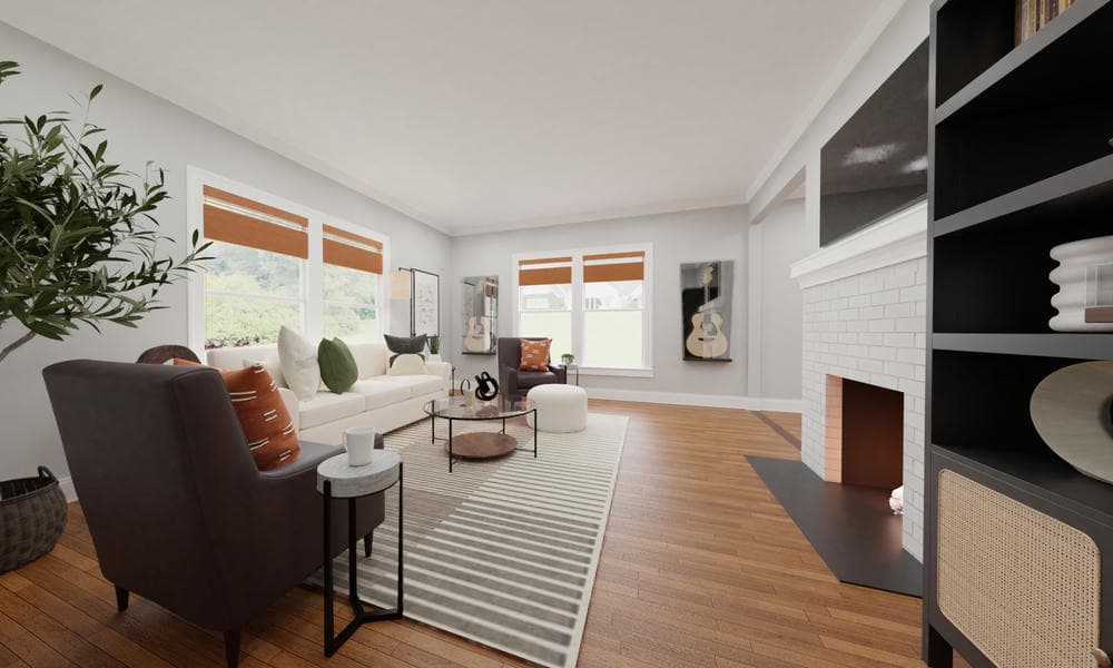 Cozy Living Room Mid-Century Style with Fireplace