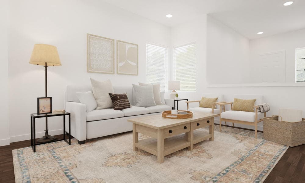 Cozy Living Room with Neutral Tones and Natural Textures