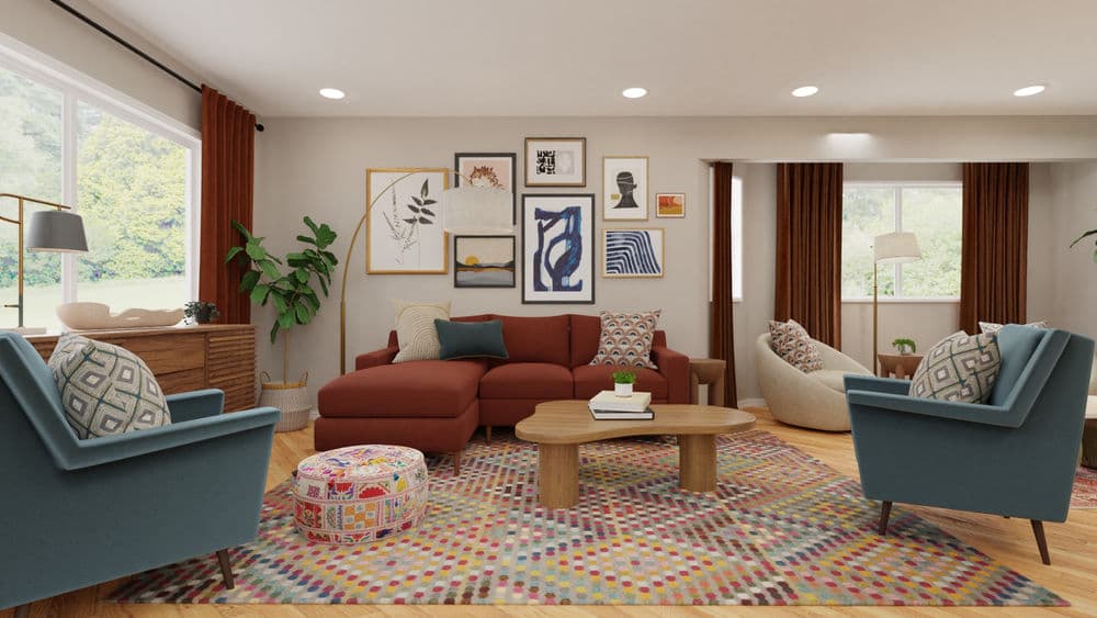 Eclectic Living Room with Earth Tones and Gallery Wall Gallery, Image 1
