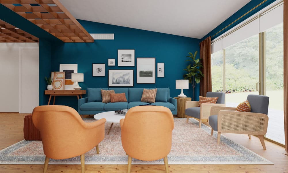 Living Room Mid-Century Modern with Bold Blue Tones