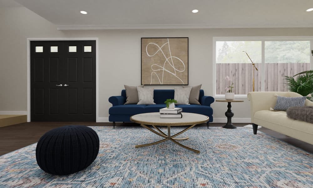 Living Room Modern Glam with Blue Accents