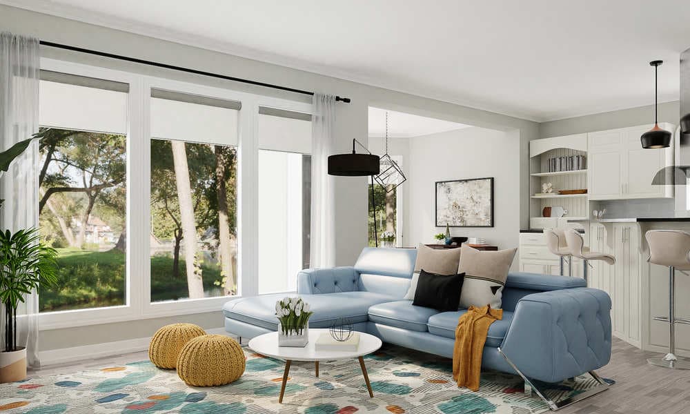 Living Room: Modern Transitional with Blue Accents