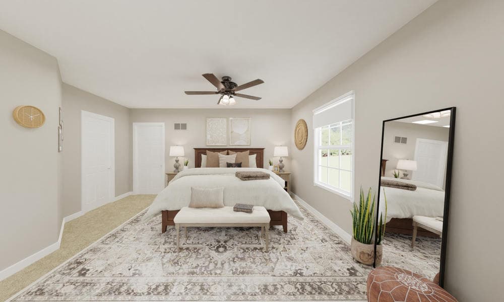 Neutral Bedroom with Plush Area Rug and Reading Nook