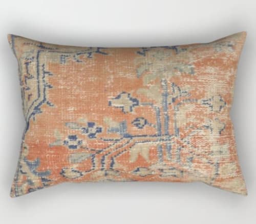 Vintage Woven Navy and Orange Rectangular Pillow With Insert-17"x12" image